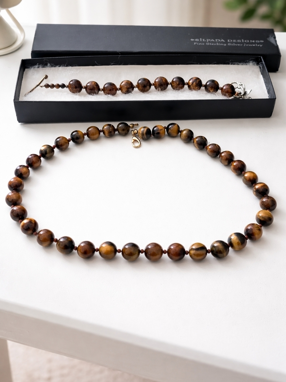 Silpada Tiger Eye Necklace & Bracelet Set 925 Sterling Silver Gold Plated 13" 8"